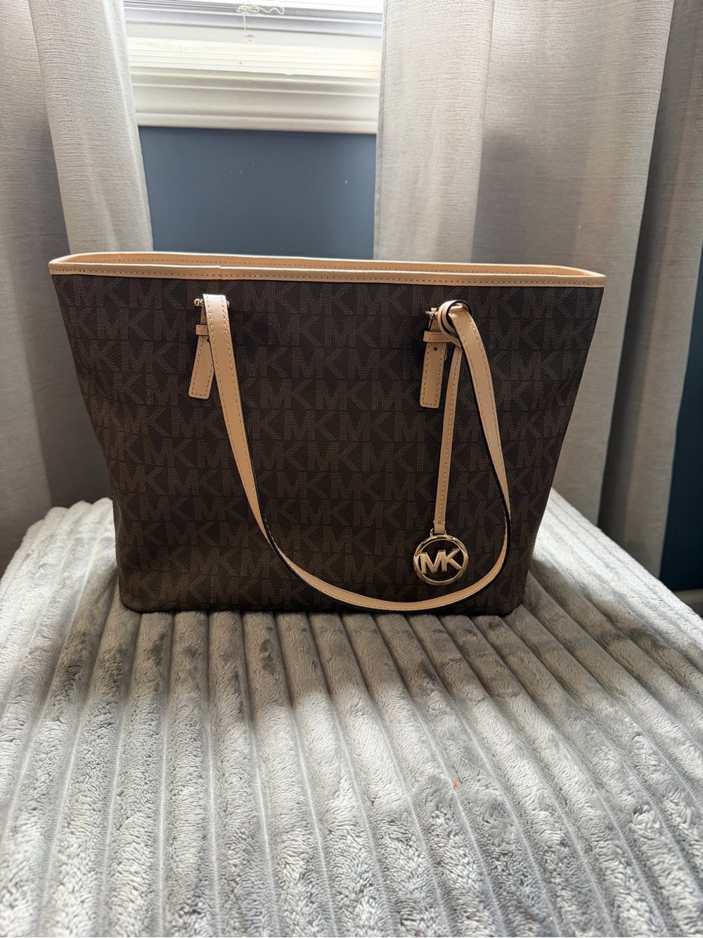 Michael Kors Dark Brown MK Signature Tote with Tan Trim